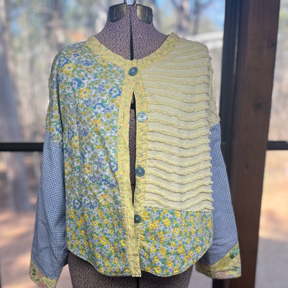 Very unique, handmade, floral, checkered quilted textured button up. - Picture 3 of 12
